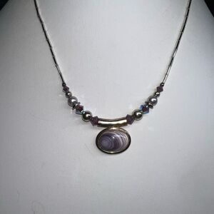 Silver Tone and Purple Marbleized Stone Pendant Necklace